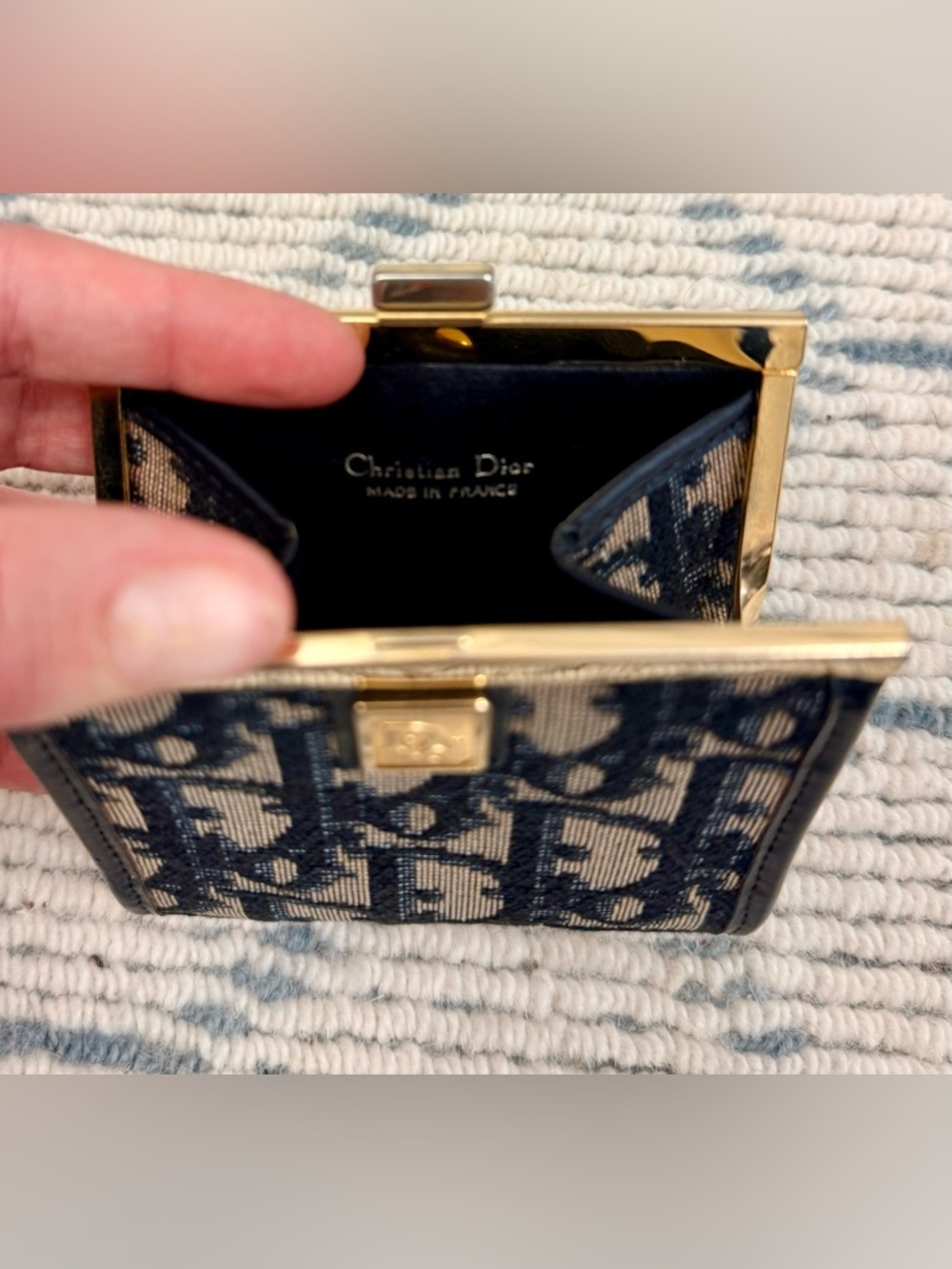 DIOR Vintage Rare Blue Trotter Monogram Canvas Kiss Lock Coin Purse W/ Gold - Picture 10 of 12